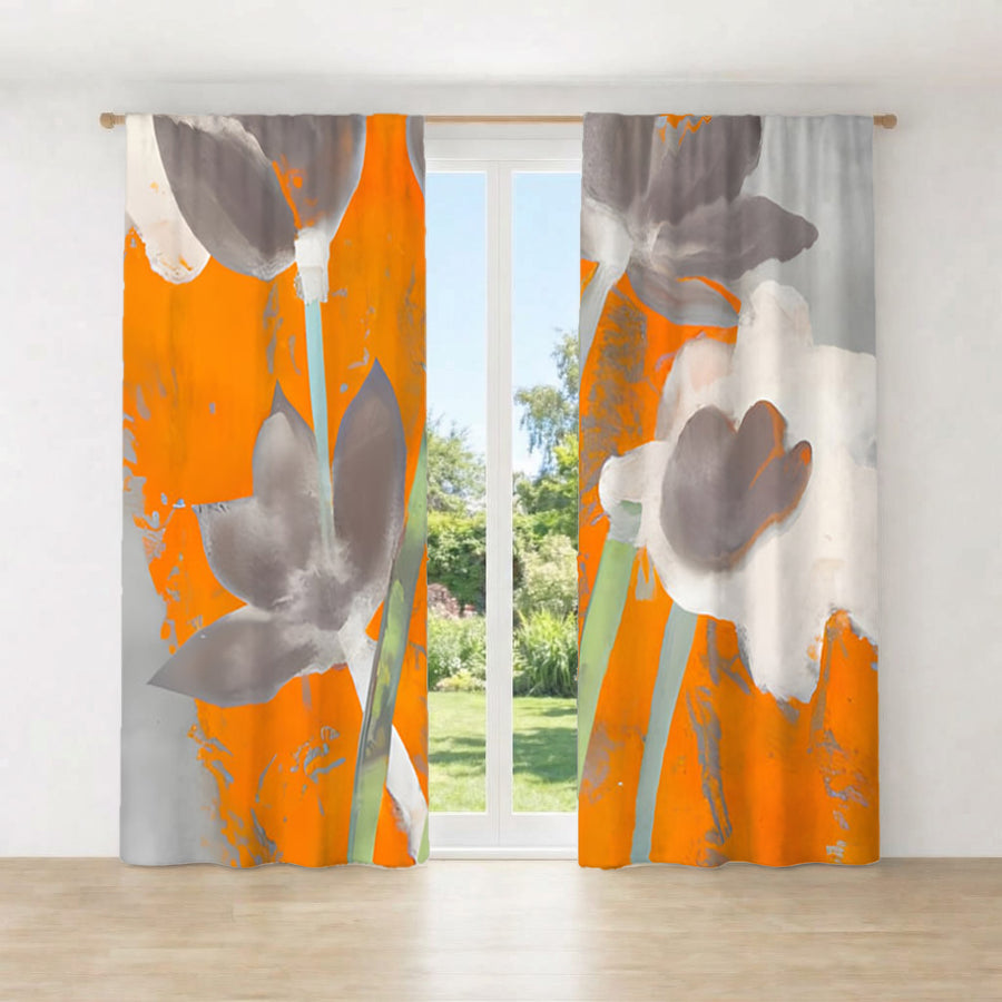 Orange and Gray Abstract Floral Pattern Window Curtains