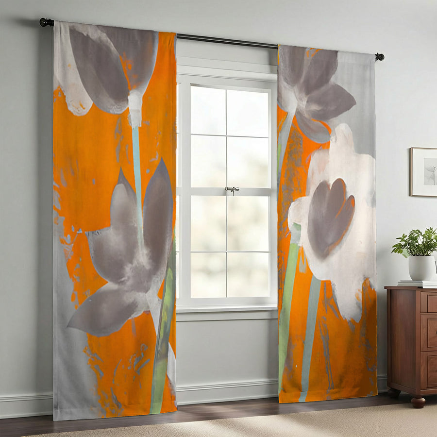 Orange and Gray Abstract Floral Pattern Window Curtains