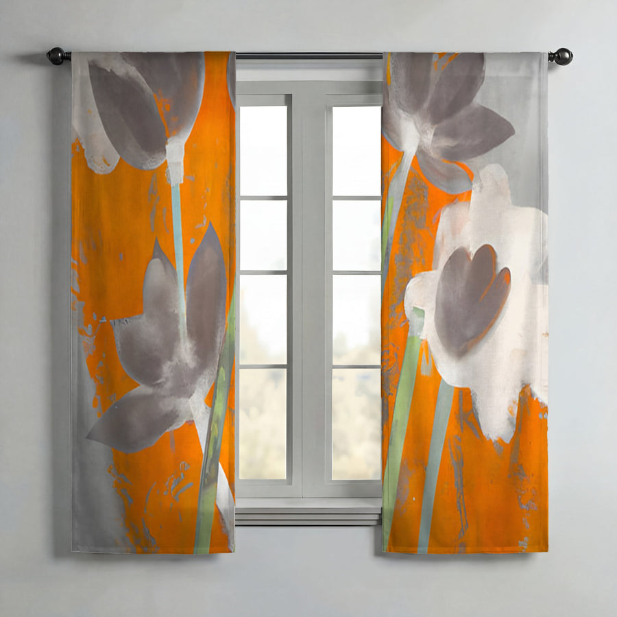 Orange and Gray Abstract Floral Pattern Window Curtains