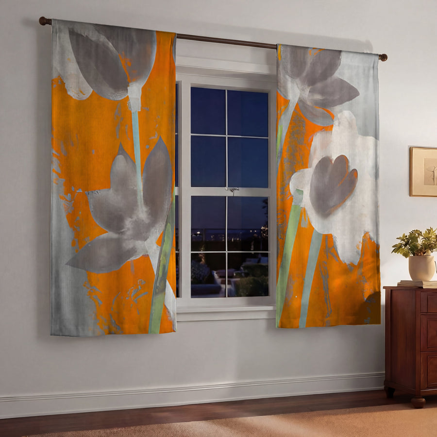 Orange and Gray Abstract Floral Pattern Window Curtains