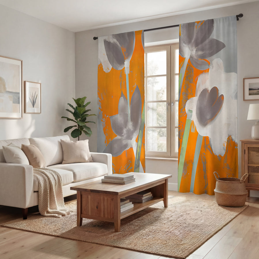 Orange and Gray Abstract Floral Pattern Window Curtains