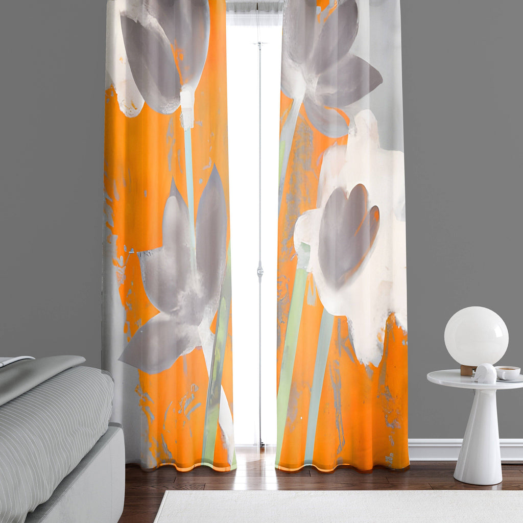 Floral Window Curtains - Orange, Gray and White Contemporary Print - Deja Blue Studios