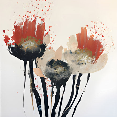 Red and Black Abstract Floral Artwork