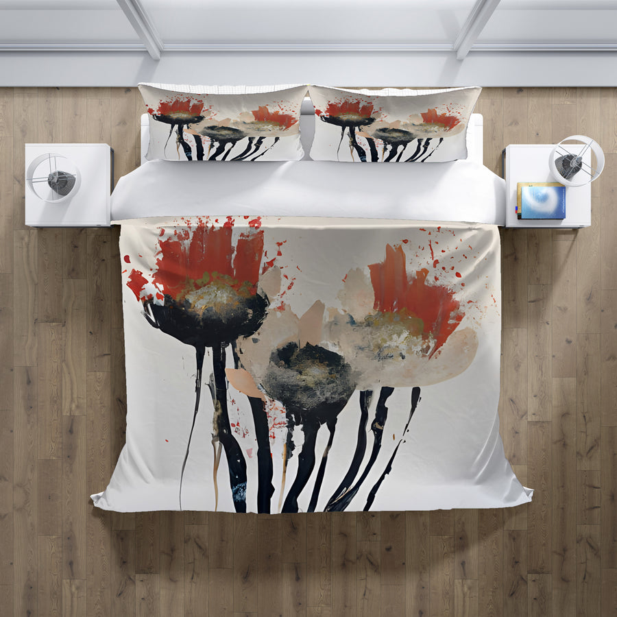 Red and Black Abstract Floral Artwork Duvet Cover
