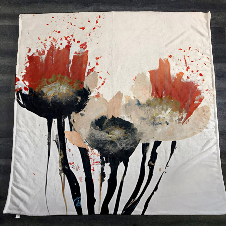 Red and Black Abstract Floral Artwork Fleece Sherpa Blanket