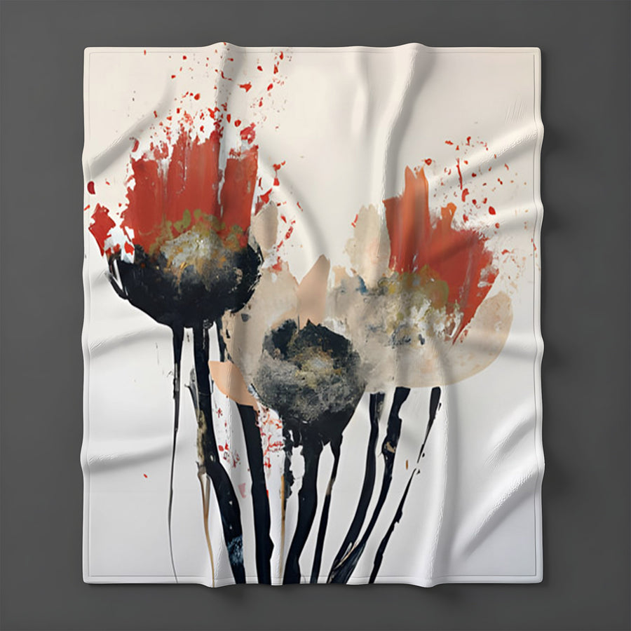Red and Black Abstract Floral Artwork Fleece Sherpa Blanket