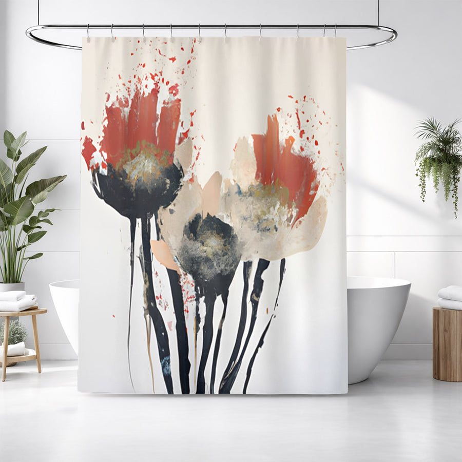 Red and Black Abstract Floral Artwork Shower Curtain