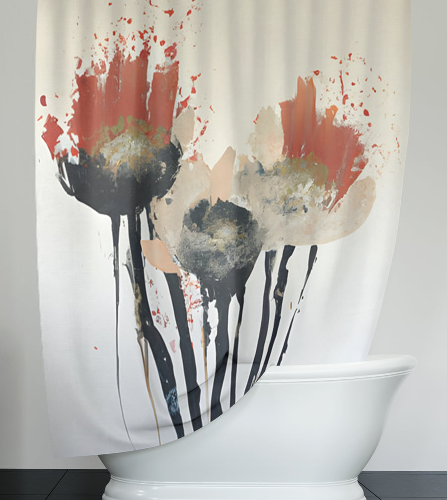 Red and Black Abstract Floral Artwork Shower Curtain