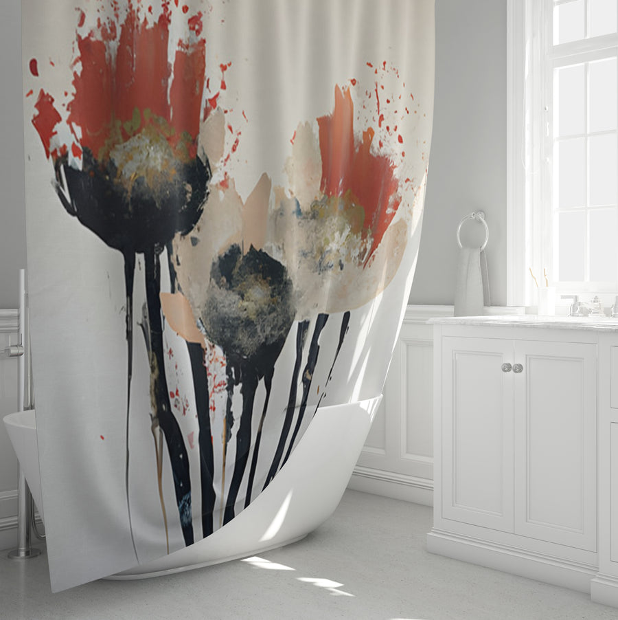 Red and Black Abstract Floral Artwork Shower Curtain
