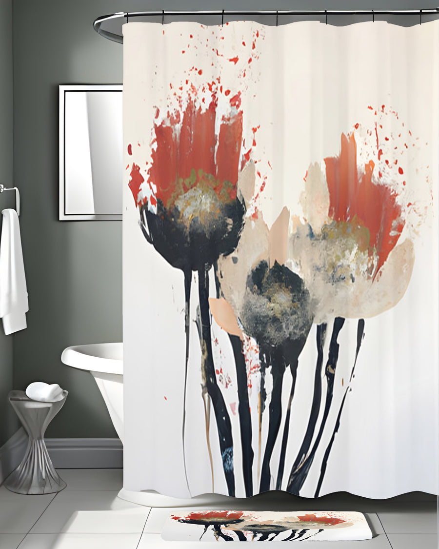 Red and Black Abstract Floral Artwork Shower Curtain
