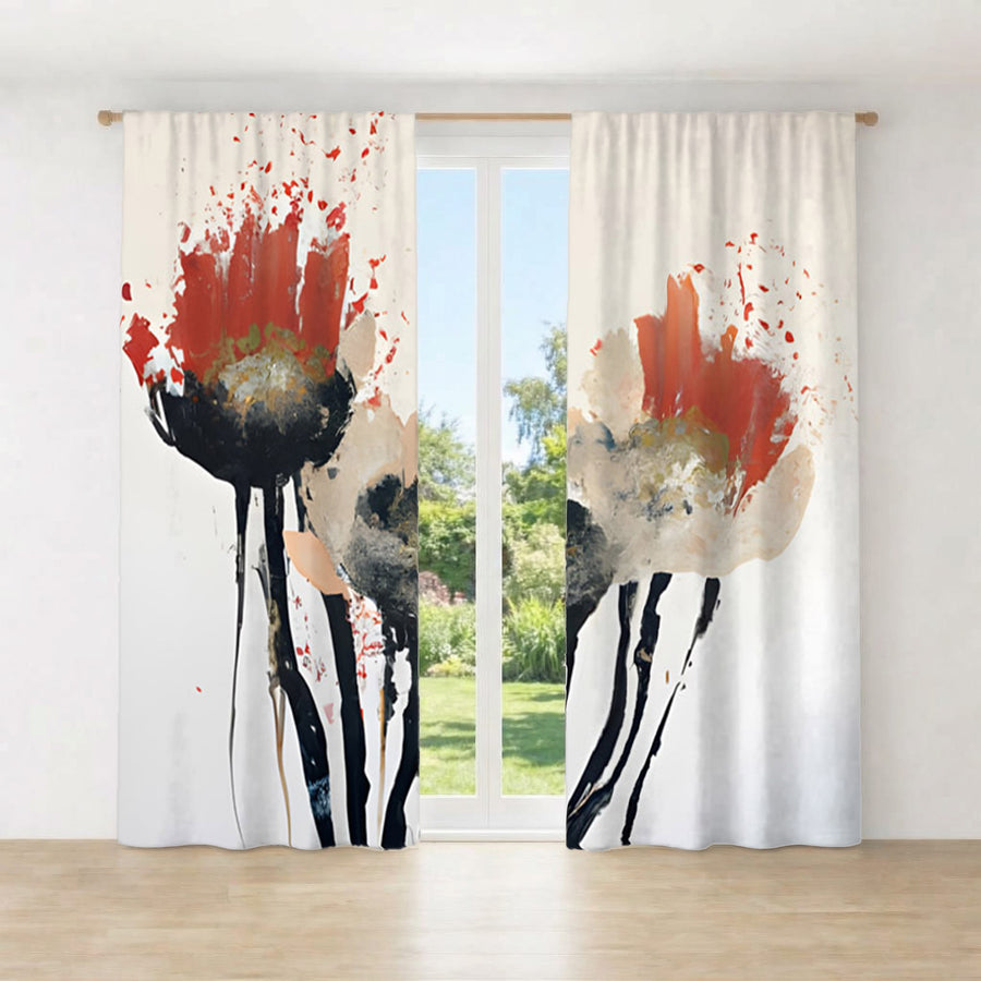 Red and Black Abstract Floral Artwork Window Curtains