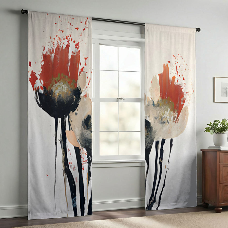 Red and Black Abstract Floral Artwork Window Curtains