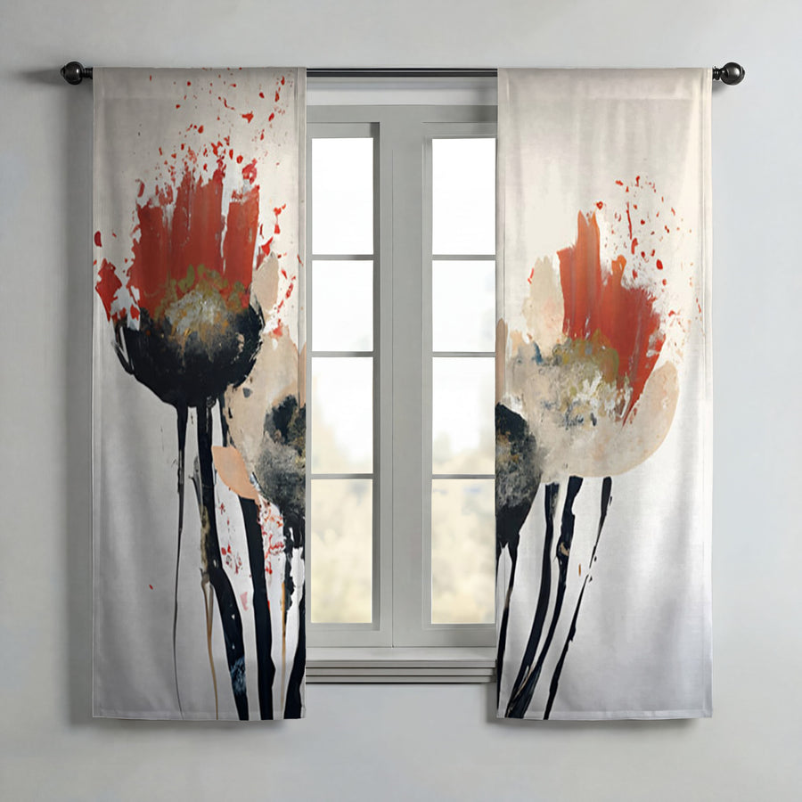 Red and Black Abstract Floral Artwork Window Curtains