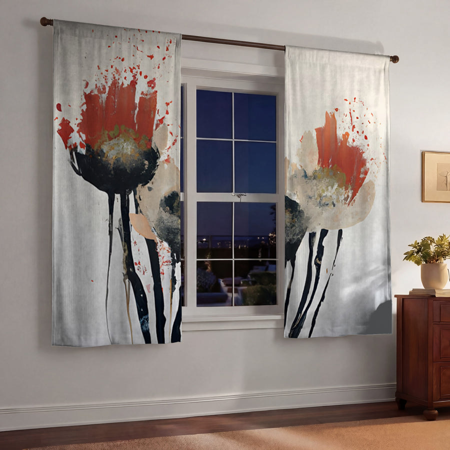 Red and Black Abstract Floral Artwork Window Curtains