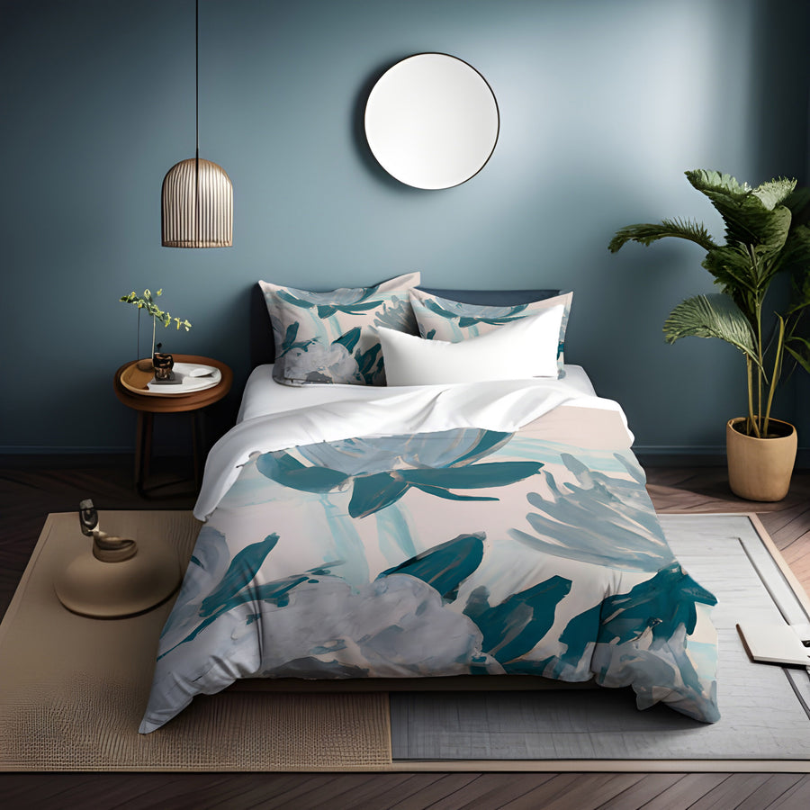 Teal Botanical Abstract Brush Pattern Duvet Cover