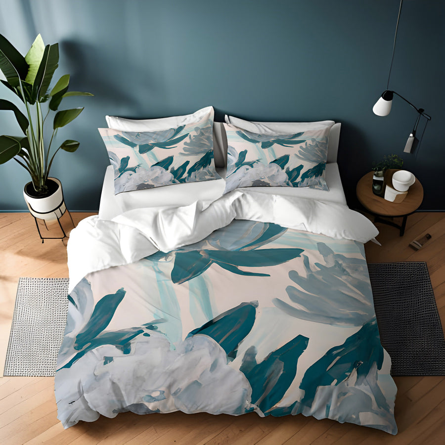 Teal Botanical Abstract Brush Pattern Duvet Cover