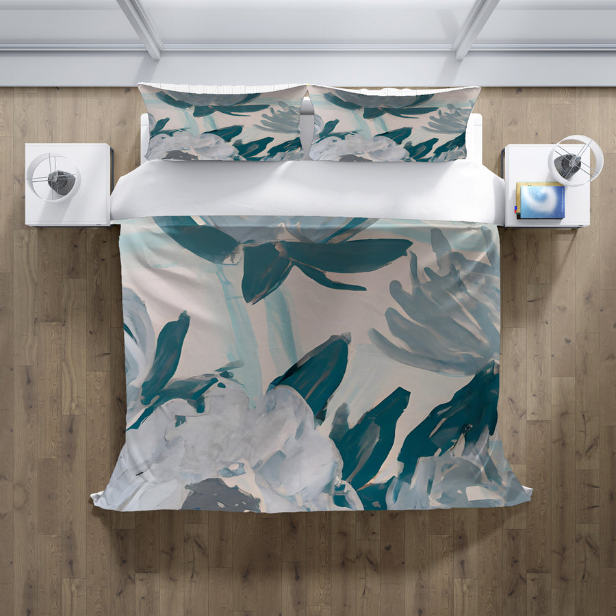 Teal Botanical Abstract Brush Pattern Duvet Cover