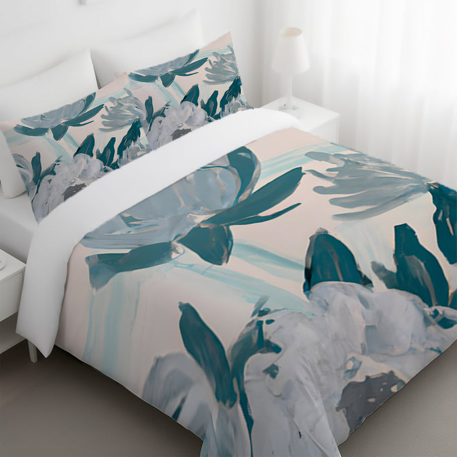 Teal Botanical Abstract Brush Pattern Duvet Cover