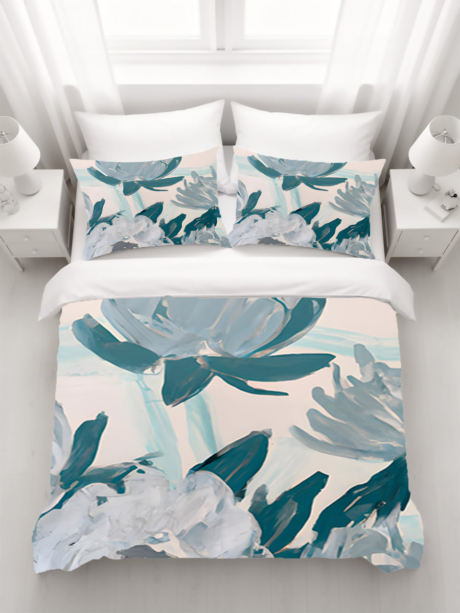 Teal Botanical Abstract Brush Pattern Duvet Cover