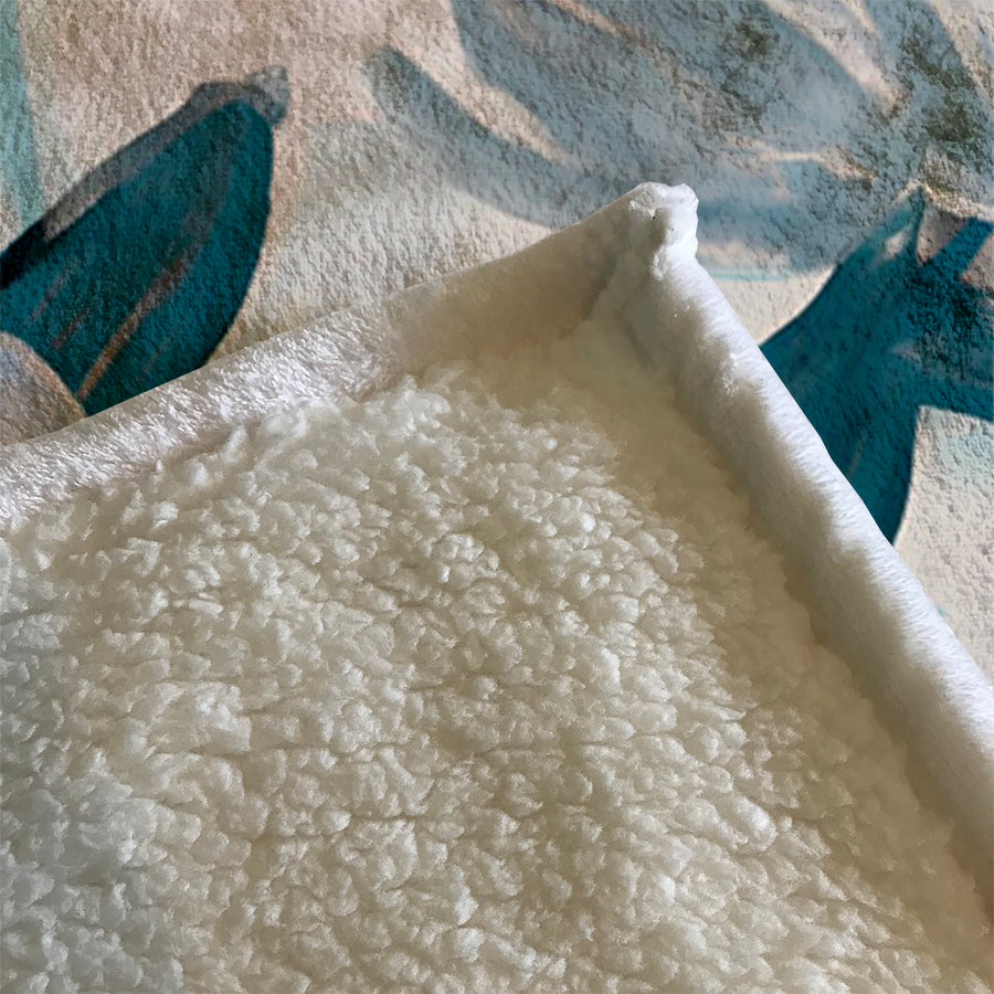 Teal Botanical Abstract Brush Pattern Fleece Sherpa Blanket