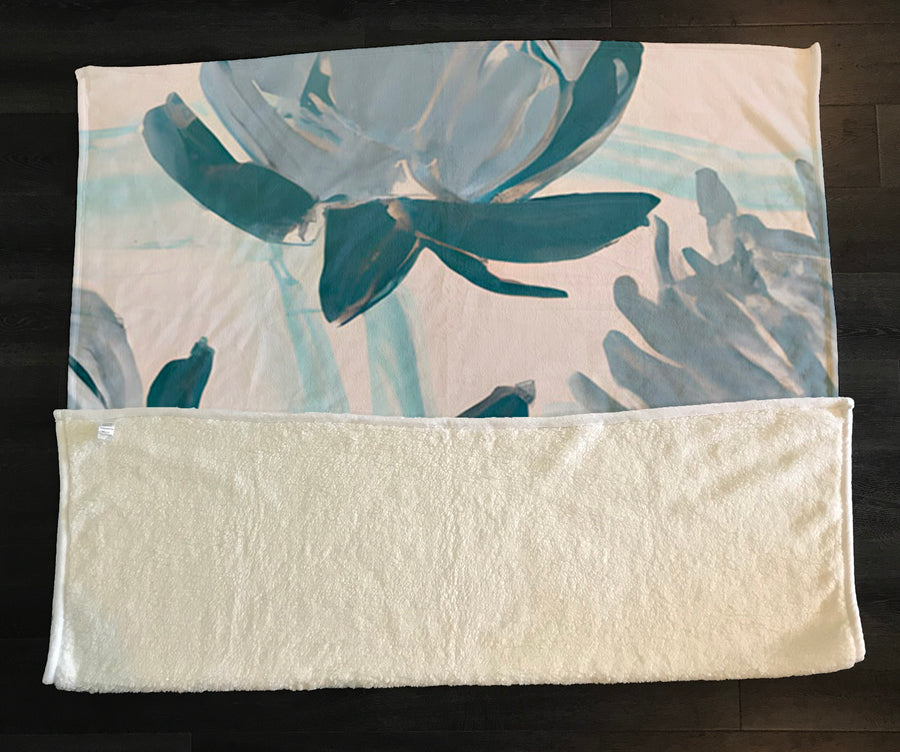 Teal Botanical Abstract Brush Pattern Fleece Sherpa Blanket