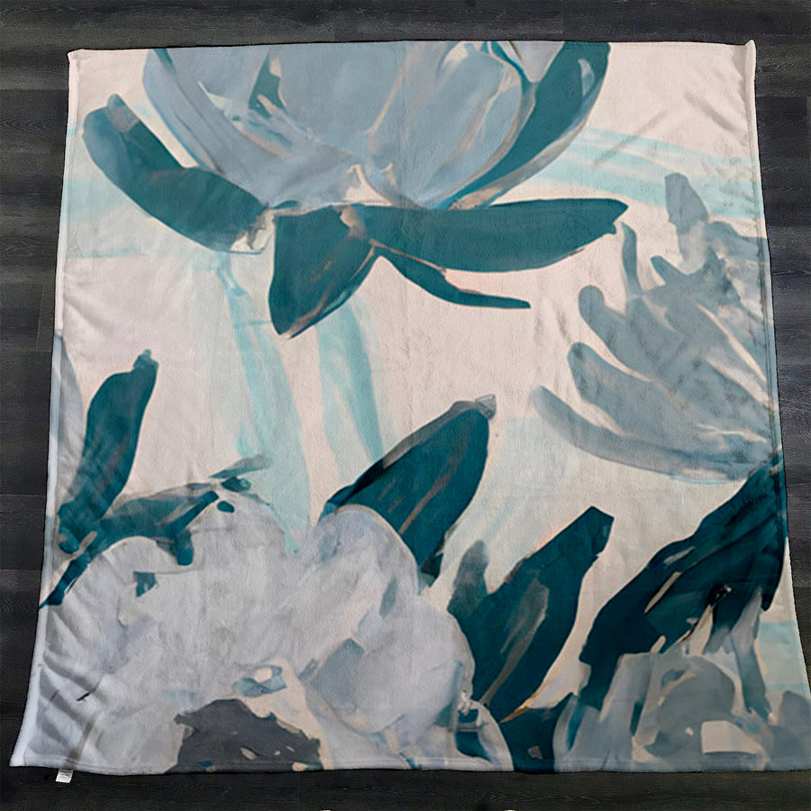Teal Botanical Abstract Brush Pattern Fleece Sherpa Blanket