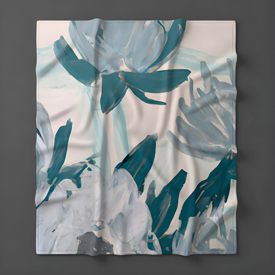 Teal Botanical Abstract Brush Pattern Fleece Sherpa Blanket