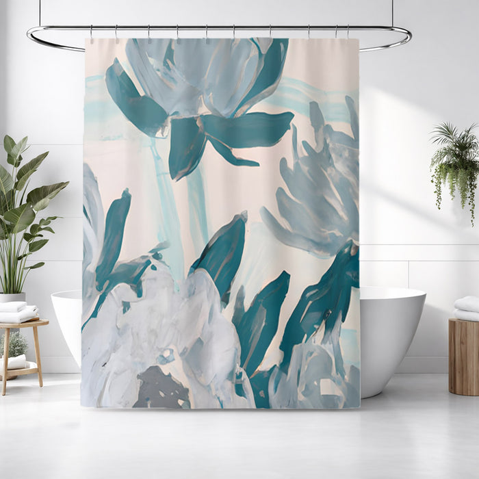 Teal Botanical Abstract Brush Pattern Shower Curtain