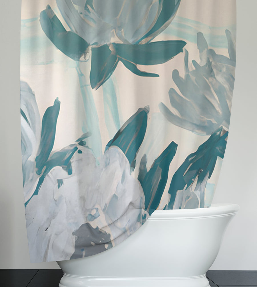 Teal Botanical Abstract Brush Pattern Shower Curtain