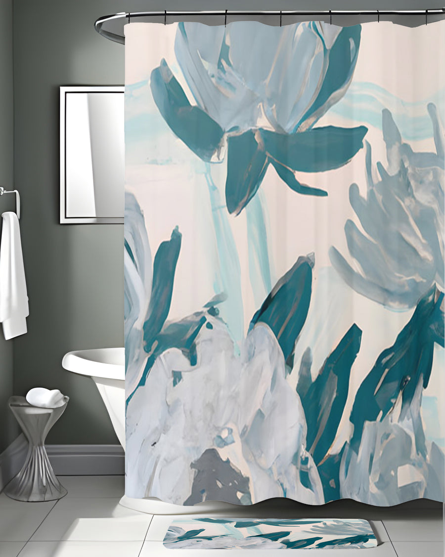 Teal Botanical Abstract Brush Pattern Shower Curtain