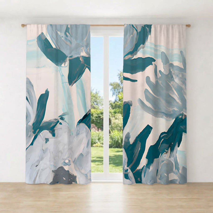 Teal Botanical Abstract Brush Pattern Window Curtains