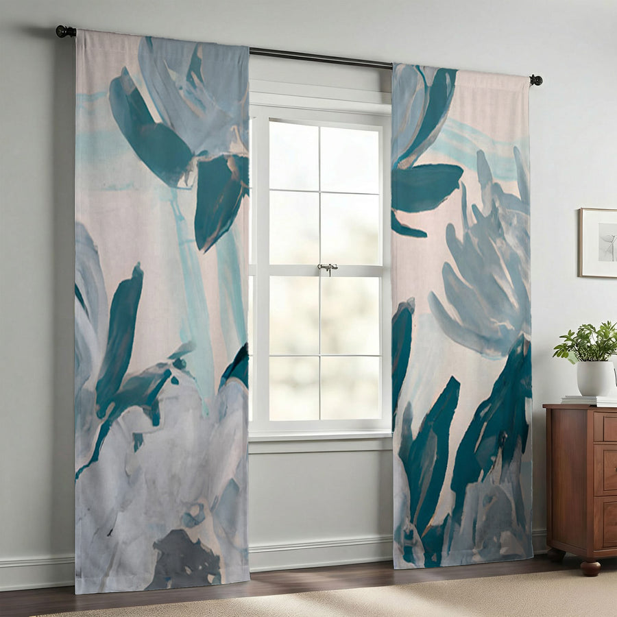 Teal Botanical Abstract Brush Pattern Window Curtains