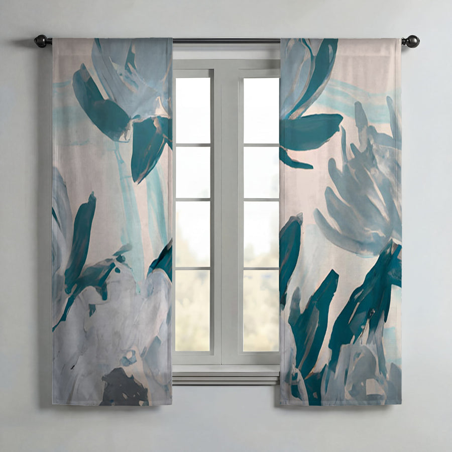 Teal Botanical Abstract Brush Pattern Window Curtains