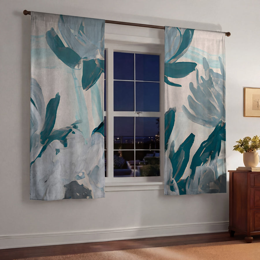 Teal Botanical Abstract Brush Pattern Window Curtains