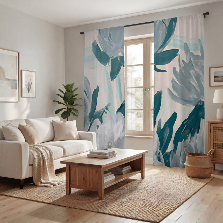 Teal Botanical Abstract Brush Pattern Window Curtains