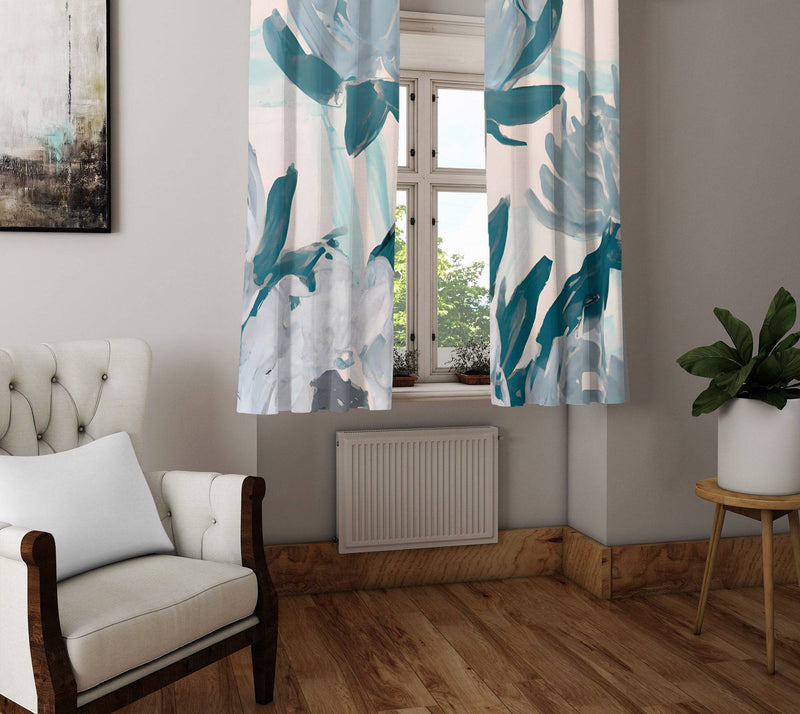 Floral Window Curtains - Abstract Blue Waterlilly Print - Deja Blue Studios