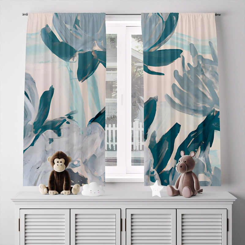 Floral Window Curtains - Abstract Blue Waterlilly Print - Deja Blue Studios