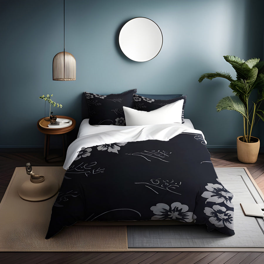 Gray and Black Ornate Floral Pattern Duvet Cover