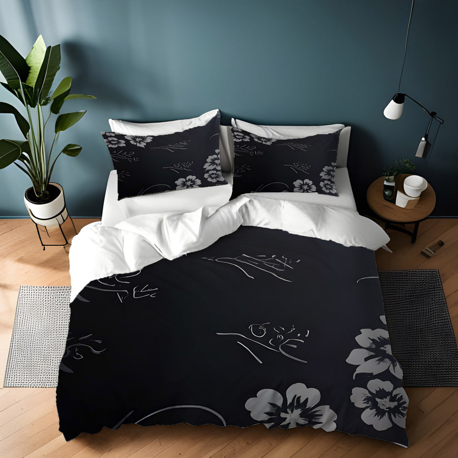 Gray and Black Ornate Floral Pattern Duvet Cover