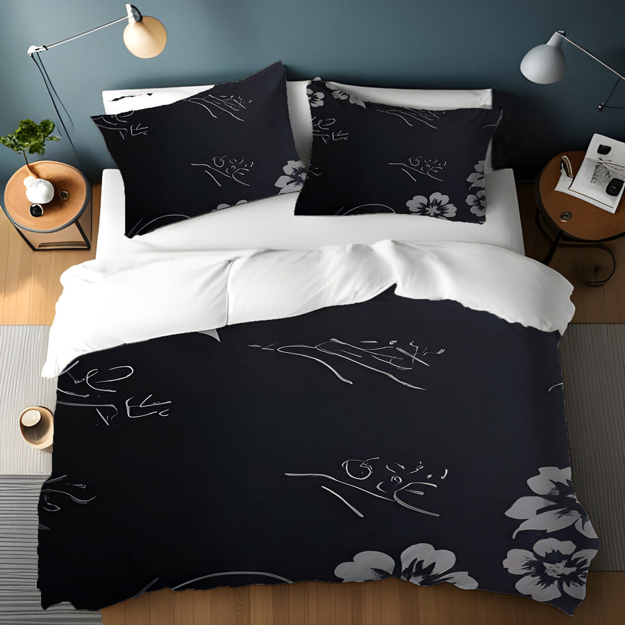 Gray and Black Ornate Floral Pattern Duvet Cover