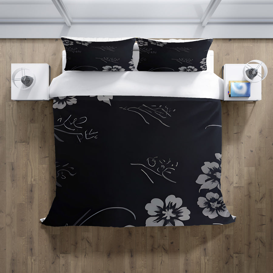 Gray and Black Ornate Floral Pattern Duvet Cover