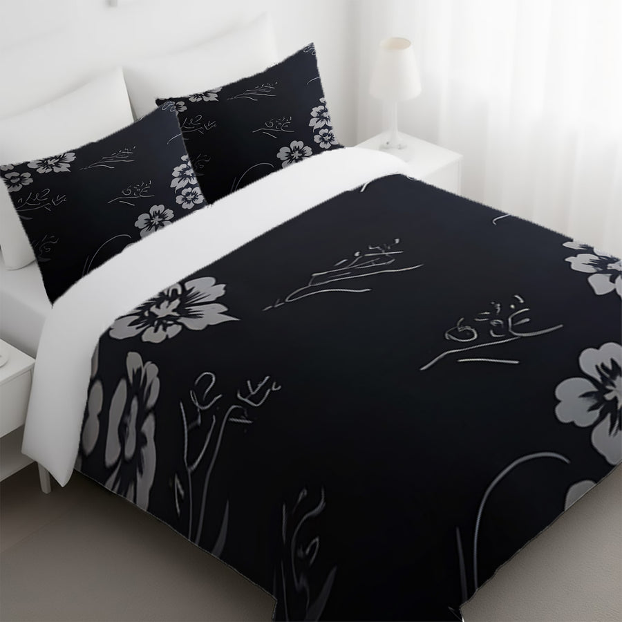 Gray and Black Ornate Floral Pattern Duvet Cover