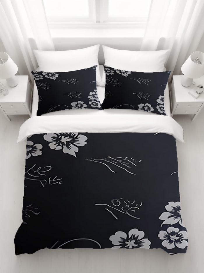 Gray and Black Ornate Floral Pattern Duvet Cover