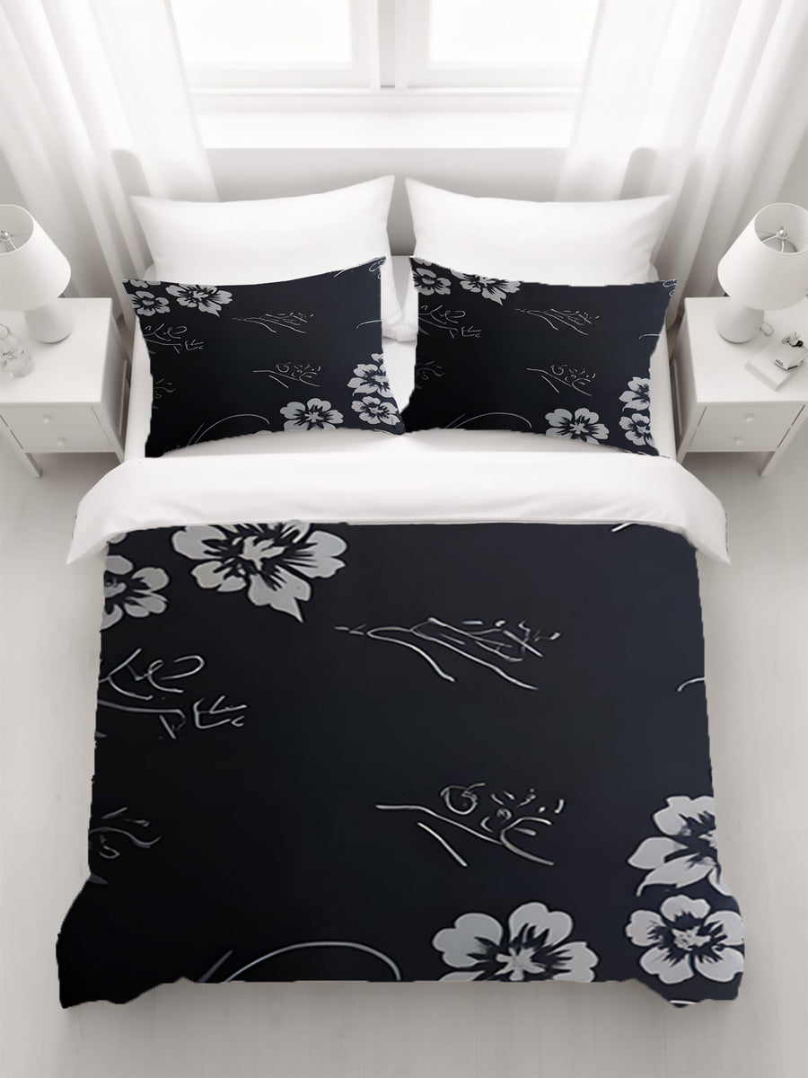 Gray and Black Ornate Floral Pattern Duvet Cover