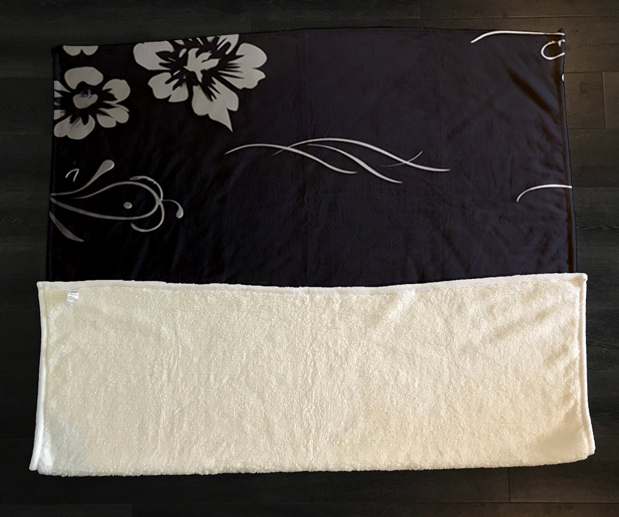 Gray and Black Ornate Floral Pattern Fleece Sherpa Blanket