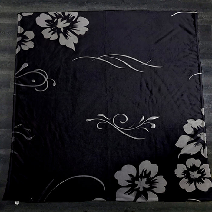 Gray and Black Ornate Floral Pattern Fleece Sherpa Blanket