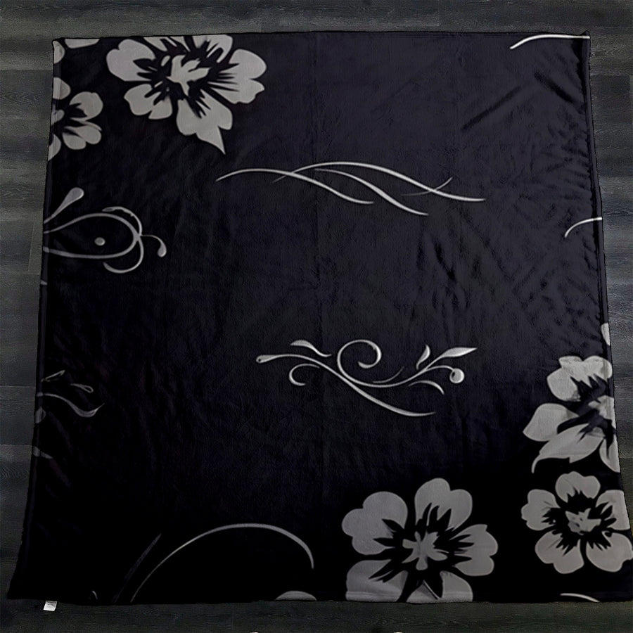 Gray and Black Ornate Floral Pattern Fleece Sherpa Blanket