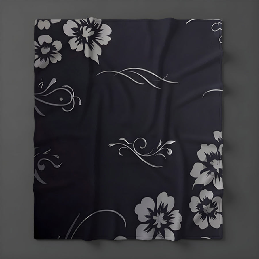 Gray and Black Ornate Floral Pattern Fleece Sherpa Blanket
