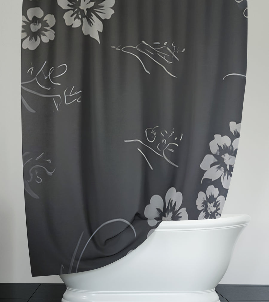 Minimalist Shower Curtain - Black and Gray Floral Print