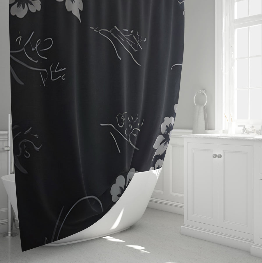 Minimalist Shower Curtain - Black and Gray Floral Print